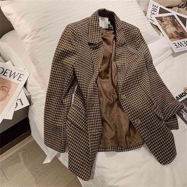 

arrival spring autumn korea fashion women single breasted loose casual blazers femme vintage plaid woolen blazer coat v137 210512, White;black