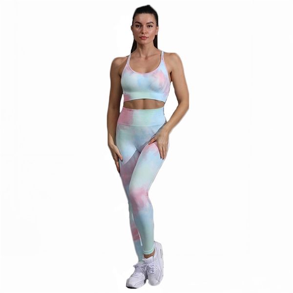 Donna 2 pezzi Tie Dye Yoga Set Tuta sportiva Abbigliamento da palestra Abbigliamento da allenamento Sling Gym Crop Top Leggings a vita alta Abbigliamento sportivo fitness LR1244 210531
