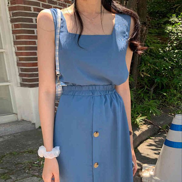 

dress korean style vintage two piece women summer sleeveless spaghetti strap and high waist long skirt pdmy qmvn, Black;gray