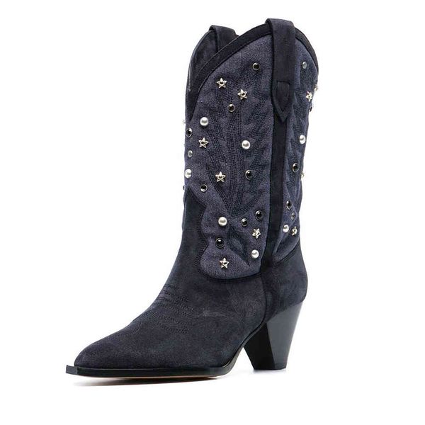 

boots retro pointed toe rivet women's shoes embroideryethnic style solid color thick heel high large size fashion cd8b, Black