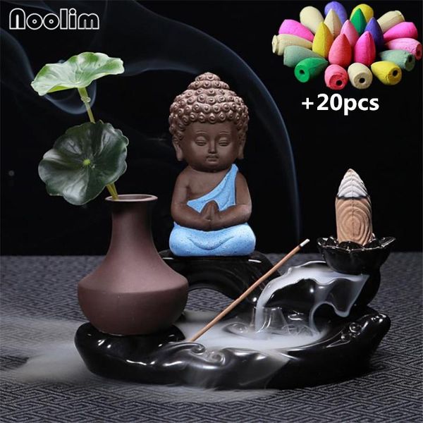 

fragrance lamps little buddha ceramic backflow incense burner green plant vase home decor table micro landscape holder+20pcs cones