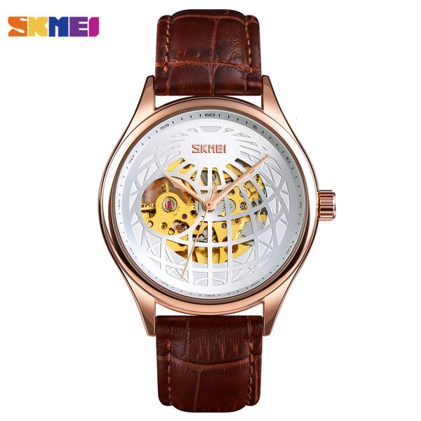 

skmei men automatic watches brand luxury leather tape waterproof mechanical clock relogio masculino 9209, Slivery;brown