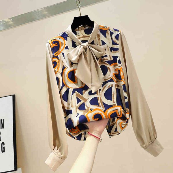 

shirt satin chiffon blouse spring women printed bow collar long sleeve womens and blouses, White