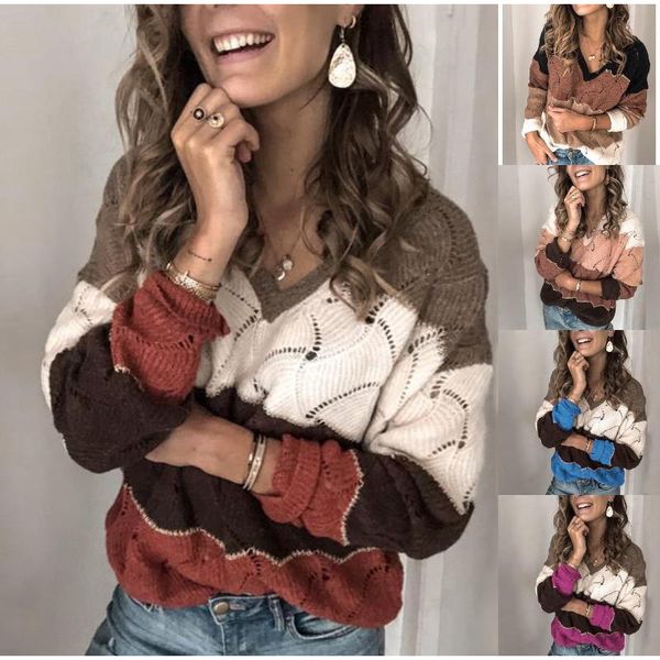

patchwork knitted sweater women v-neck hollow out sweaters for pullover plus size 3xl criss cross autumn loose pull jumper, White;black