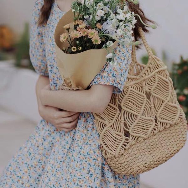 

evening bags cotton rope woven women's handbag shopper knitted shoulder bag handmade hollow totes bohemian straw beach female armpit