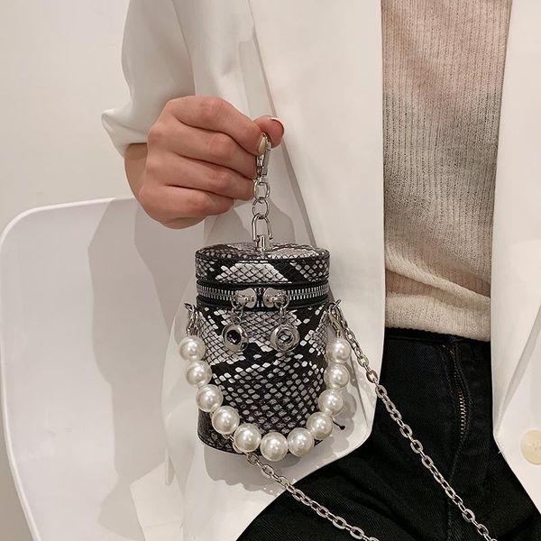 

women's leather cylindrical bucket bag brand chain snakeskin pattern shoulder crossbody pearl handbags female lipstick purse evening ba