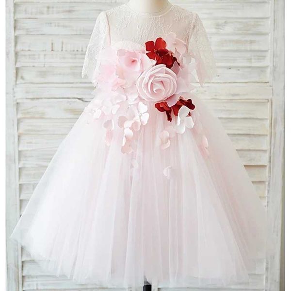 

girl's dresses ball gown knee length flower girl wedding lace sleeveless jewel neck with petal, Red;yellow