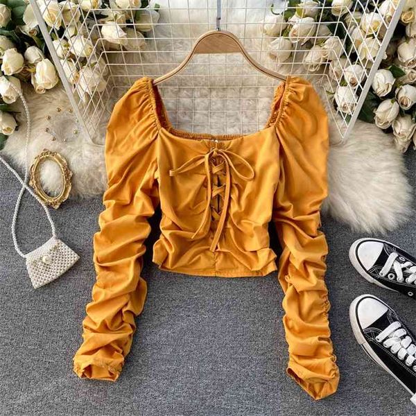 

autumn all-match blouse women's pleated puff sleeve slim short temperament square neck tie women uk707 210506, White