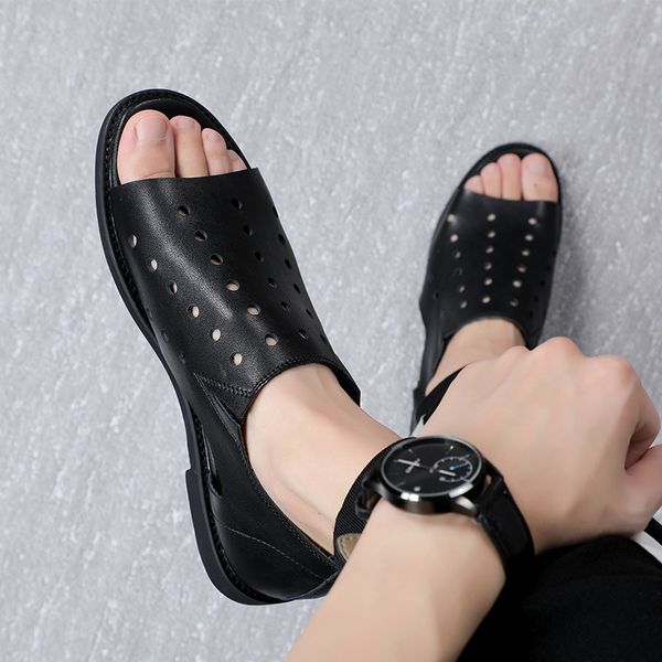 

men's sandals 2021 summer trend korean personalized open toe roman shoes beach men's cave, Black