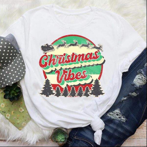 

women t shirts cartoon deer santa claus fashion 90s holiday merry christmas print lady female graphic tees clothes shirt, White
