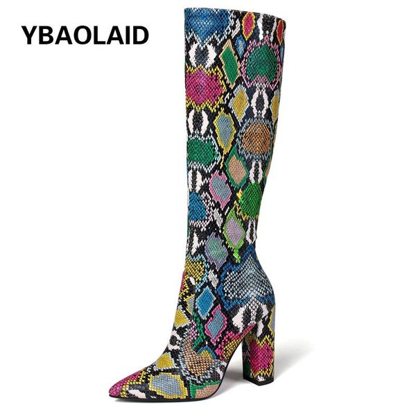 

boots spring autumn colorful snake pattern pointed toe high knee 2021 fashion show temperament super heel long, Black