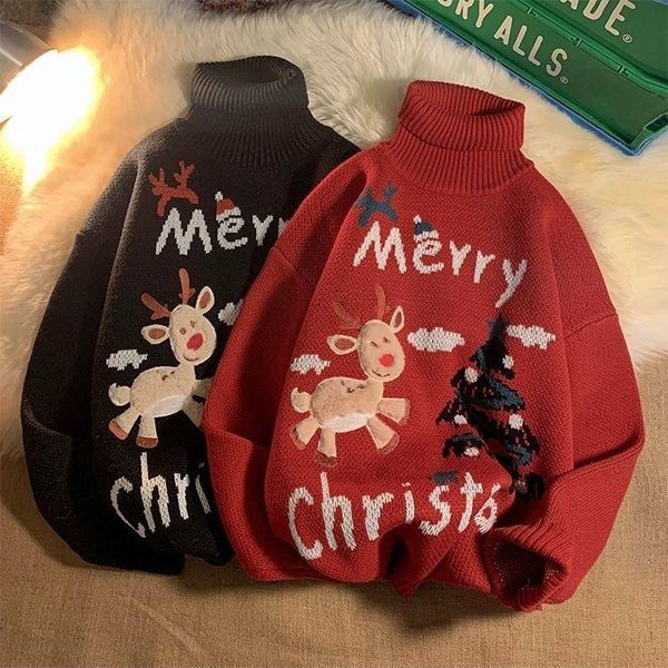 

women's sweaters men's and women'sturtleneck christmas sweater ladies lovely elk pullover outer wear holiday costumes loose t, White;black