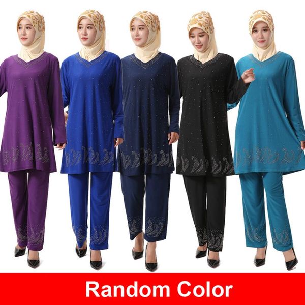 

ethnic clothing 2pcs islamic set full sleeve trousers outfits women muslim costumes diamons soft comfy ramadan american, Red