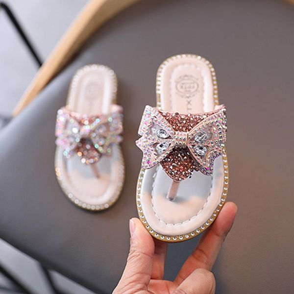 

slipper children girls flip flops fashion bow rhinestones princess slippers summer outdoor sandals, Black;grey