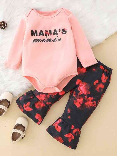 

baby letter graphic bodysuit & floral print flare leg pants she, White