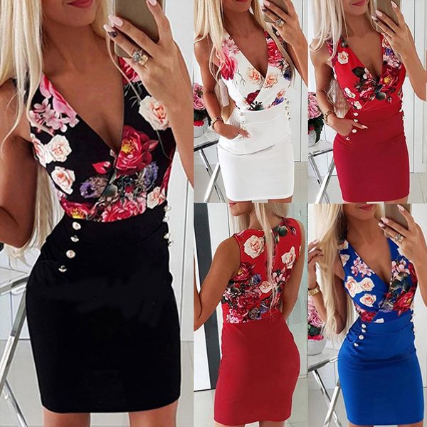 

floral sheath multicolor womens dresses v neck printed side pockets slim pack hips lady boho bodycon waist, Black;gray