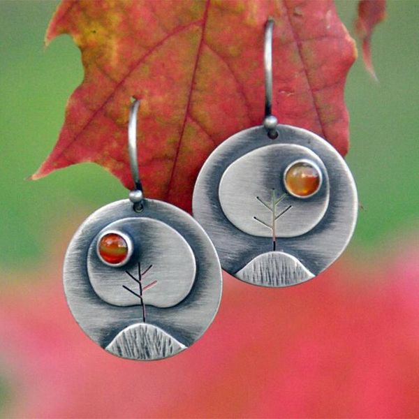

dangle & chandelier filigree leaf flower red stone inlaid disc earrings vintage ethnic drop carved round pendant hook earring bohemia jewelr, Silver