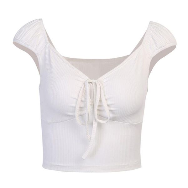 

women's t-shirt summer lady v-neck lace up chest short sleeved slim female solid sweet style pleated women strappy crop, White