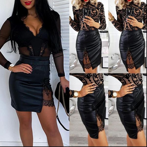

pu leather lace mini women skirts clothing high waist zipper hollow out bag hip pencil outfits, Black