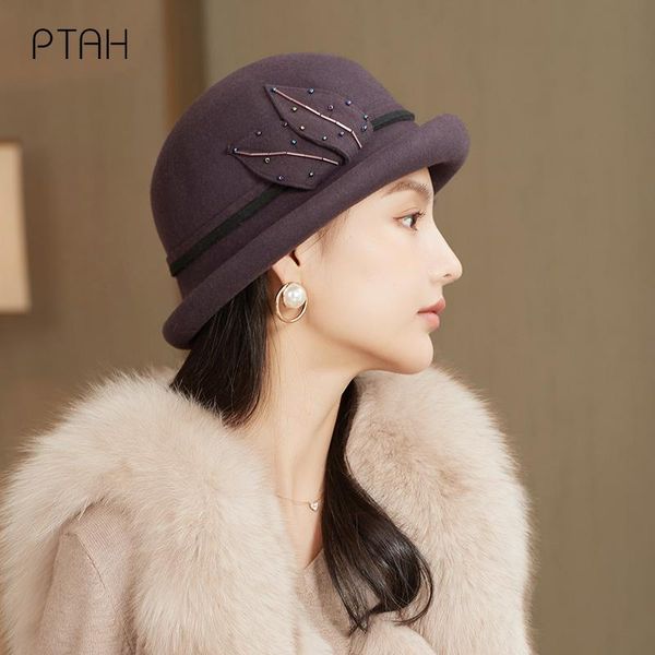 

stingy brim hats [ptah] fedora hat for women temperament elegant autumn winter ladies 100% wool banquet fedoras, Blue;gray