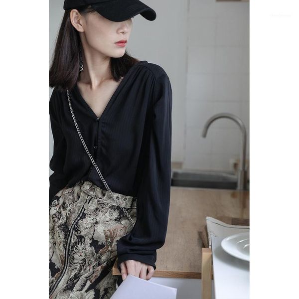 

autumn women satin silk blouse shirt elegant solid color pullover high grade loose veat office lady long sleeve black women's blouses &, White