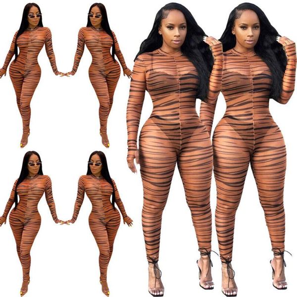 

women's jumpsuits & rompers women long sleeves prints see-through mesh sheer bodycon jumpsuit club party casual bodysuit playsuit sleev, Black;white