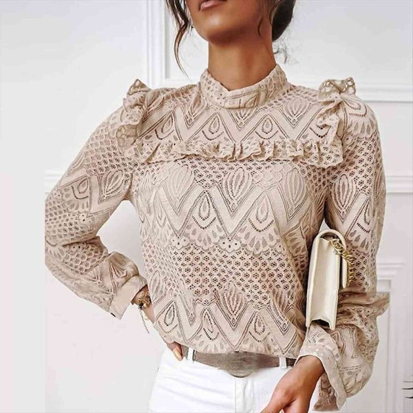 

lace hollow out elegant women shirts ruffles shoulder long sleeved office lady round neck warm floral spring, White
