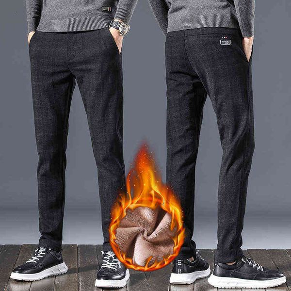 

men's jeans plush plaid 2021 winter thickened warm casual korean slim men's pants, Blue