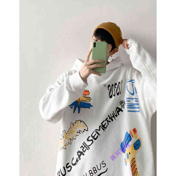 

jue shao hip hop graffiti printed sweater men's youth trend fashion hoodie small fresh loose coat white m, Black