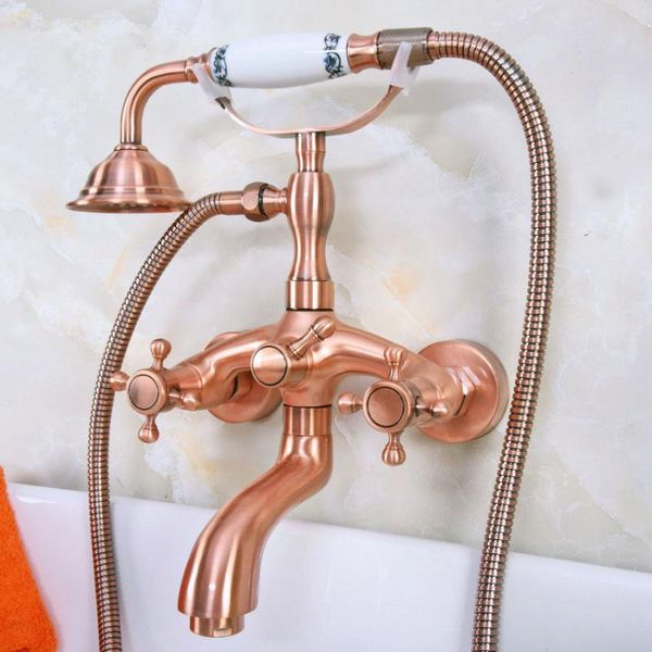 

antique red copper brass wall mounted bathroom clawfoot tub faucet mixer tap telephone shower head dual cross handles ana322 sets