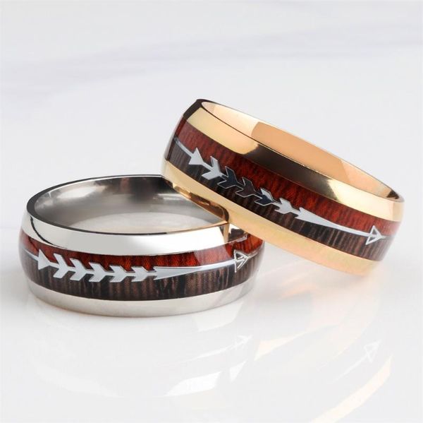 

wedding rings european and american style 2021 men's stainless steel wood grain arrow inlaid ring titanium jewelry bracelet, Slivery;golden