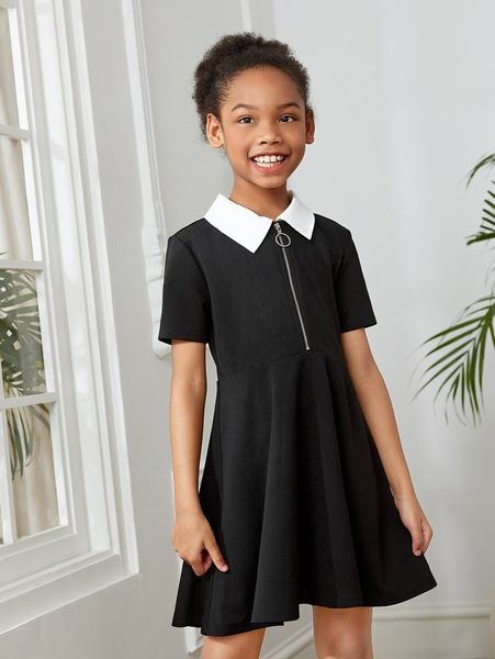 

girls colorblock contrast collar zipper front dress she, Red;yellow