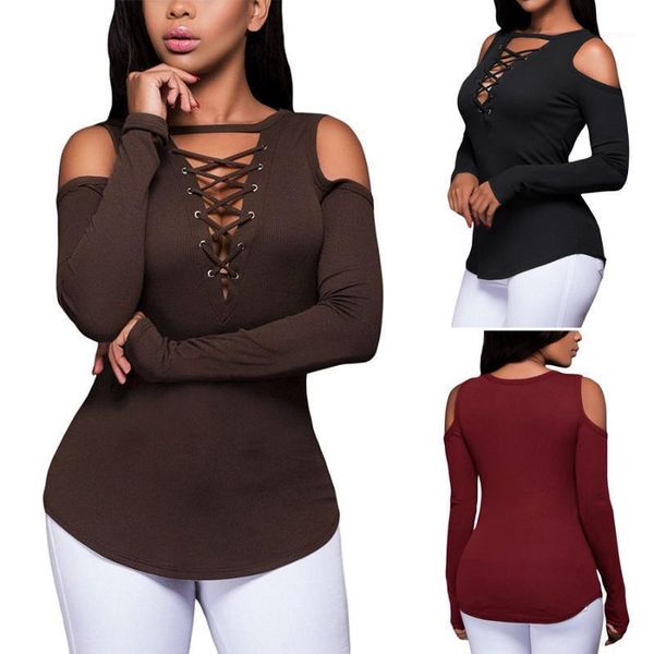 

women's t-shirt black punk tshirt cold shoulder drawstring long sleeve women autumn casual tee shirts, White