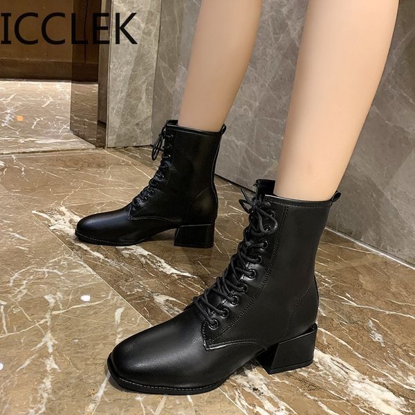 

autumn winter women ankle boots shoes solid black lace-up square toe rubber elegant fashion mid heels women boots 210428