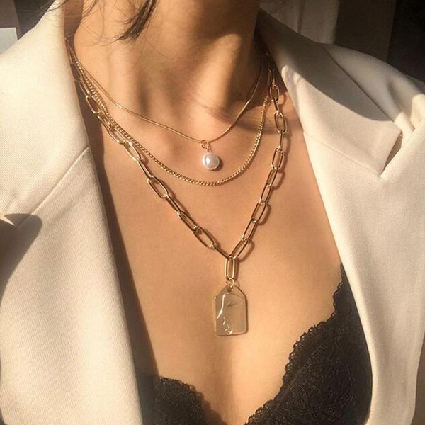 

pendant necklaces trendy simulated pearl square embossed face for women female multilayer gold chain necklace party jewelry, Silver