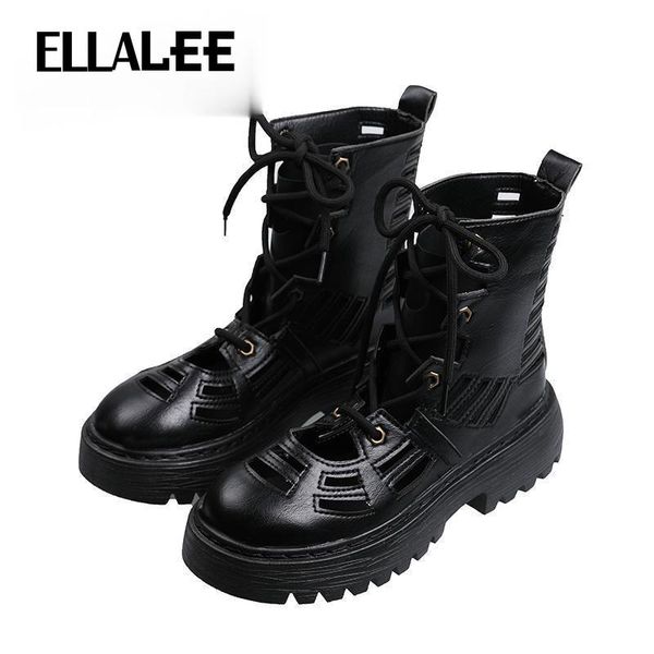 

boots ellalee women ankle hollow out design platform chunky personalized spring summer rubber non-slip female shoes, Black