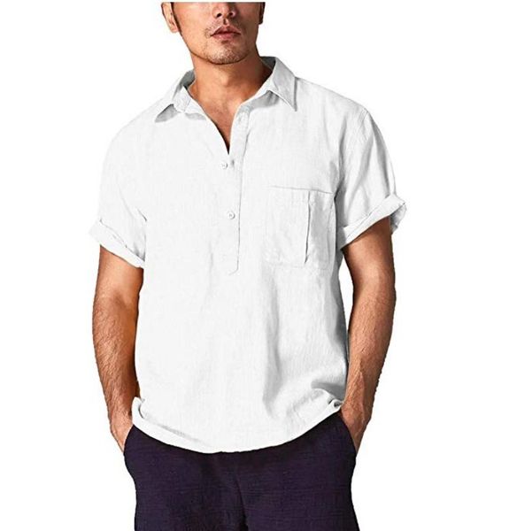 

men's shirts 2021 linen hort leeve lapel for men, White;black