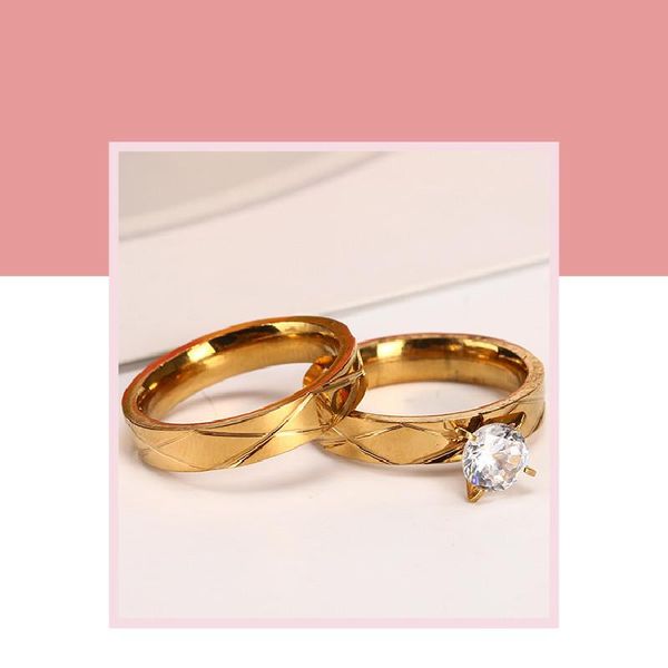 

cluster rings stainless steel diamond ring gold inlaid zircon stripe cross couple jewelry, Golden;silver