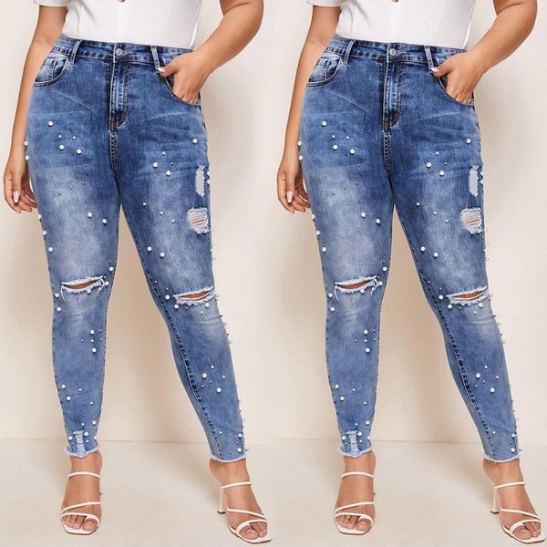 

women's jeans 3xl ladies denim trousers pants fashion ol office women hollow out skinny pencil pearl female d30, Blue