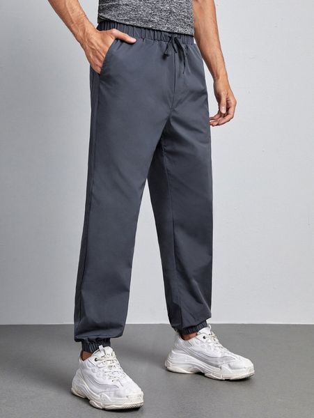 

men drawstring slant pocket pants e2h1#, Black