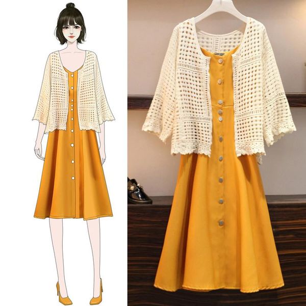 

two piece dress plus size women's clothing spring two-piece sling + shawl set elegant lady korean dresses summer yellow black suit, White