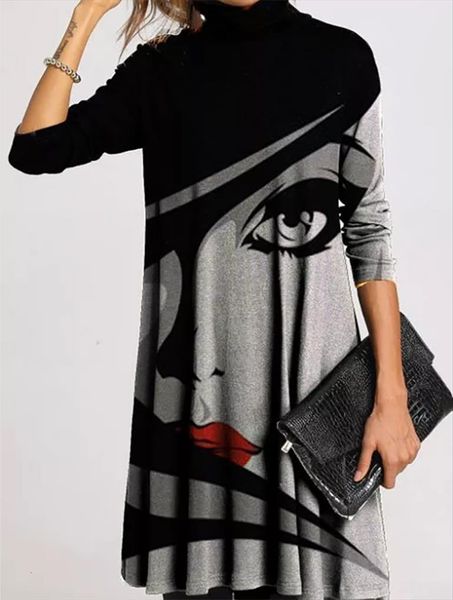 

winter turtleneck warm vintage print womens dress autumn elegant long sleeves female casual loose vestidos 5xl, Black;gray