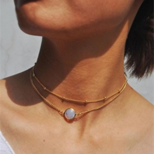 

chokers sell jewelry simple imitation gem double chain clavicle short section ladies necklace women 030, Golden;silver