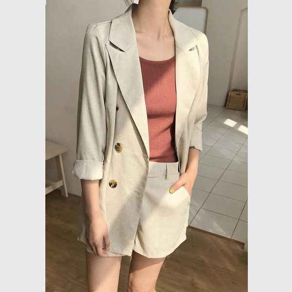 

bornsra summer cotton and linen tracksuit for women pant suits notched blazer jacket & irregular waist shorts female short suit two piece dr, White