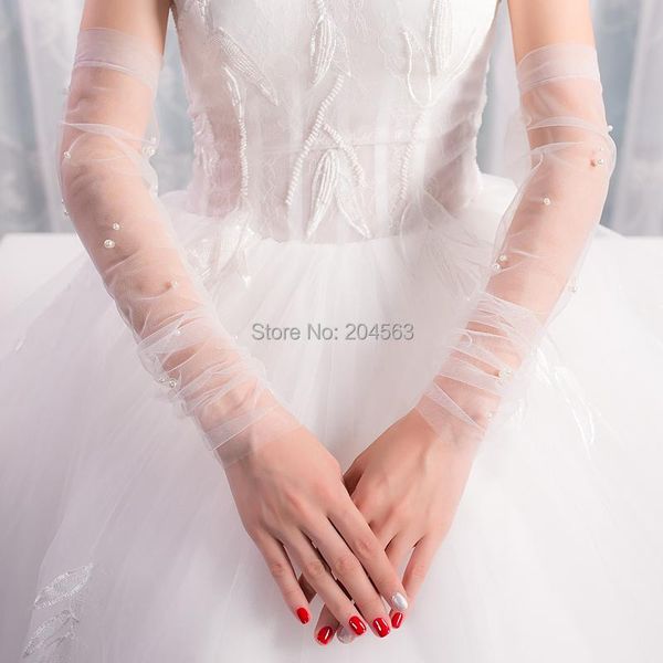 

bridal gloves wedding party fingerless tulle long with pearls, White