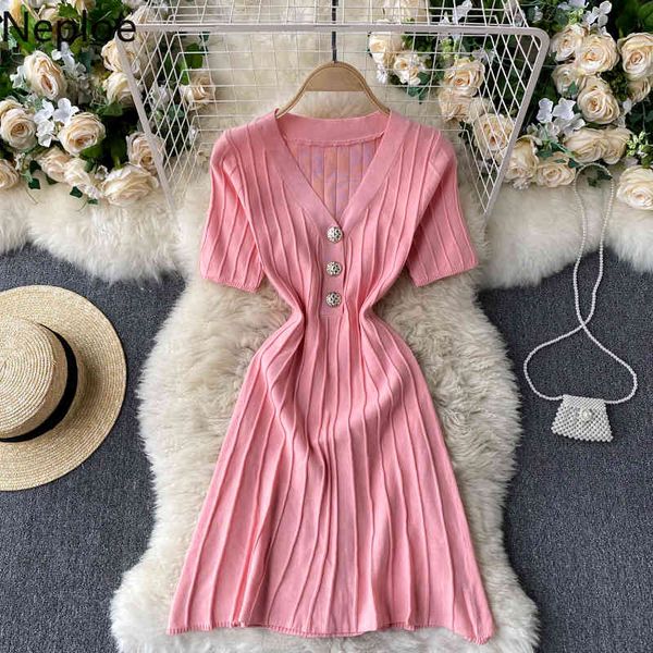 

neploe woman dress spring clothes v-neck short sleeve vestidos slim waist korean temperament a-line robe dresses women 210422, Black;gray