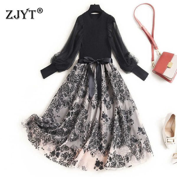

spring fashion women lantern sleeve knitting patchwork embroidery mesh dress long sleeve clothes elegant party robe femme 210601, Black;gray
