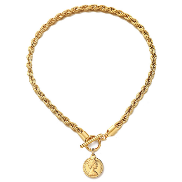 

chokers stainless steel rope chain necklace female coin pendant pattern ot buckle clavicle 6mm width, Golden;silver