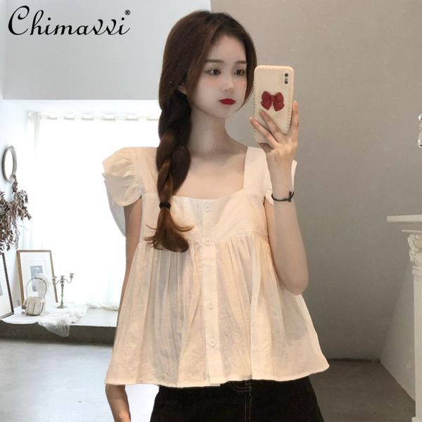 

women's blouses & shirts square collar white sweet slimming summer flying sleeve doll shirt female black loose short top