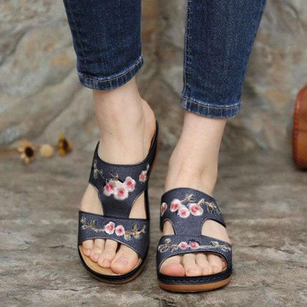 

slippers women's fashion all-match wedge heel embroidery flower shoes hollow casual sandals summer beach plus size d4#, Black